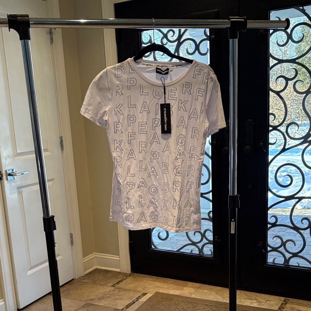 Karl Lagerfeld White Rhinestone Letter Print Women's Tee